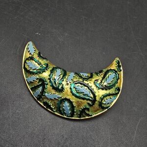 Karu Crescent Moon Brooch Green Blue Paisley Vintage Jewelry